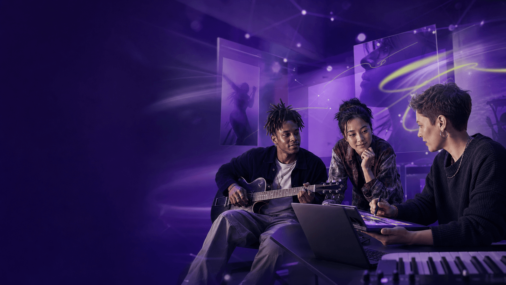 Musician, film editor and digital artist exploring connected creative work in a purple studio.