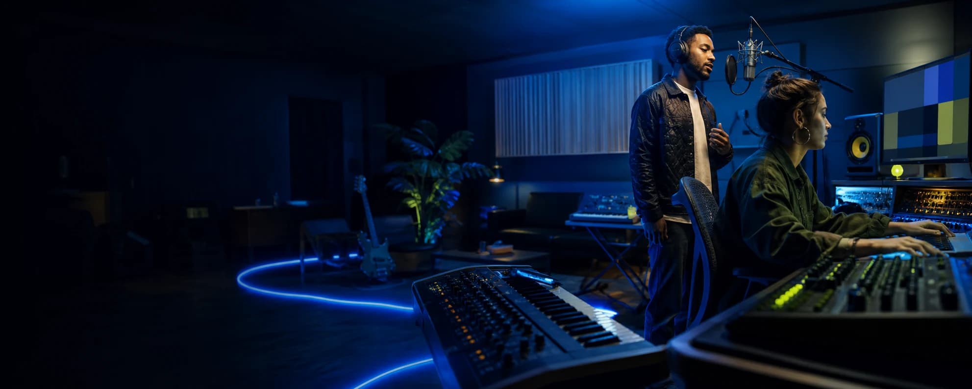 Illustration of two music creators working together in a navy lit studio