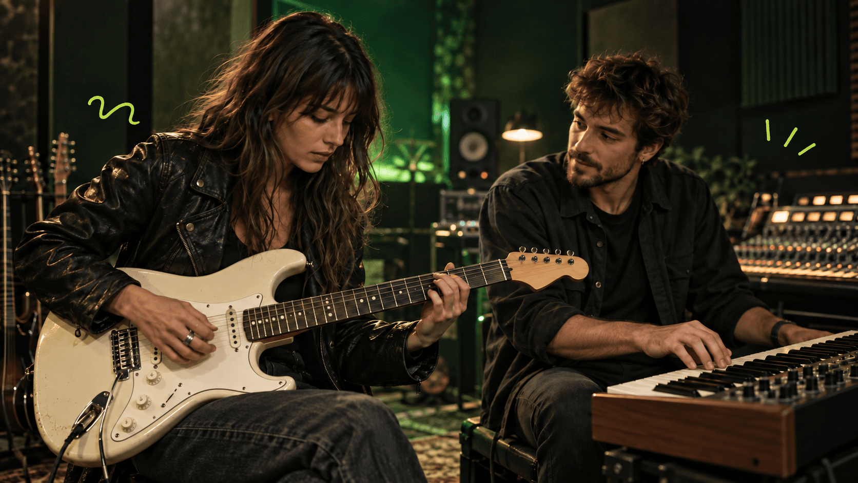 A guitarist and producer working together in a green studio